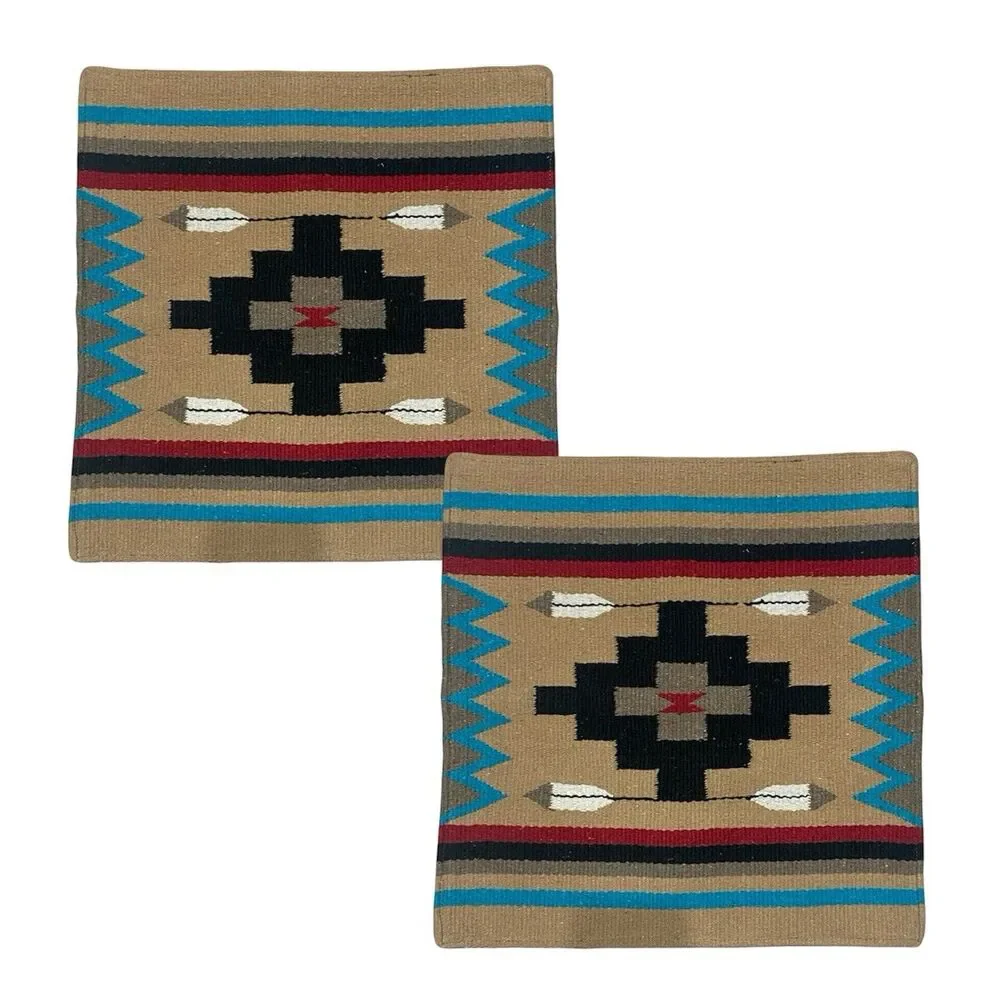 Pair of El Paso Saddle Blanket Co. 18” Wool Southwestern Aztec Pillow Covers TAN